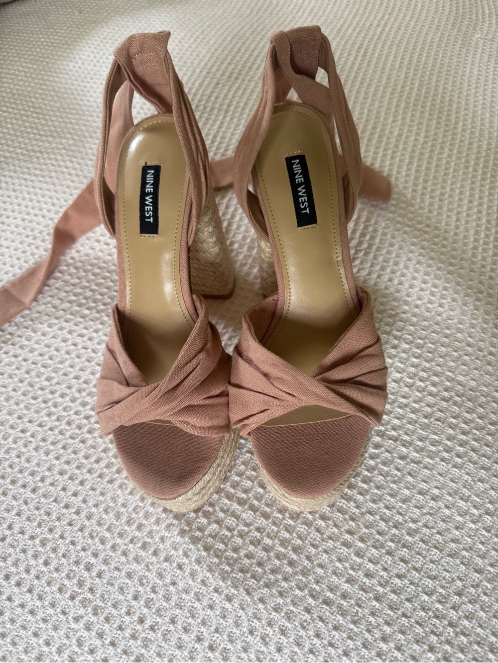 Nine West Blush Tan Espadrille Wedge Sandals with Ankle Tie